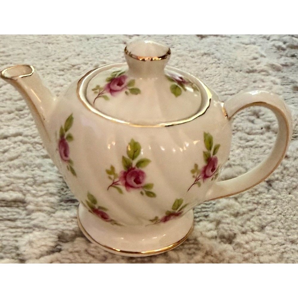 Sadler England Miniature Teapot Vintage Pink Rose Gold Gilt Swirl Bone China